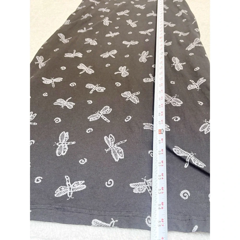 Fresh Produce Dress Womens Large Black Purple Dragonfly Print Maxi Vintage USA